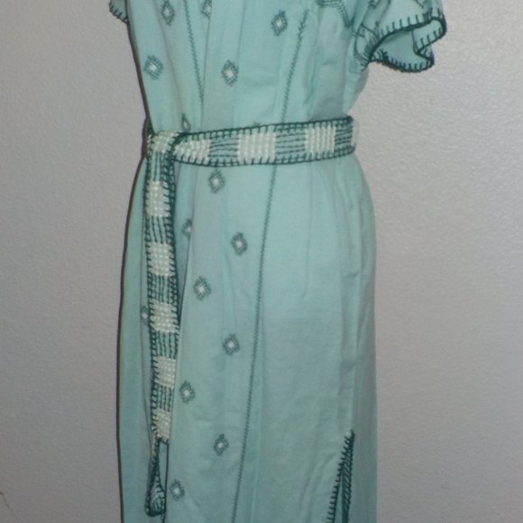 ZARA MS SIZE SMALL LIGHT GREEN / TEAL EMBROIDERED BELTED WAIST CAFTAN DRESS - Picture 7 of 13